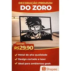 Quadro Decorativo Zoro One Piece  Preto | Geek Anime Premium Mesa/Estante