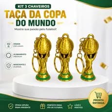 Kit 3 Chaveiros Taça da Copa do Mundo Dourado Futebol Premium