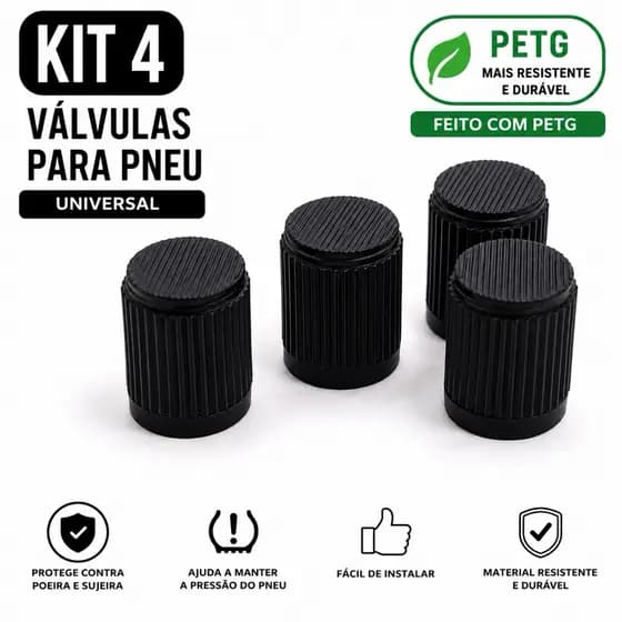 Kit 4 Tampas para Válvula de Pneu em PETG | Universal para Carro, Moto e Bike | Resistente ao Calor | 4 Unidades
