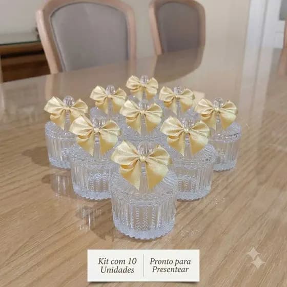 Kit 10 Mini Bomboniere Potiche  De Vidro  Canelado  Laço Cetim Lembrancinha Luxo Casamento Batizado