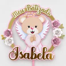Topo de bolo Batizado Ursinha Anjinha | Personalizado com Nome • Menino ou Menina • Camadas 2D Papel Fotográfico Luxo