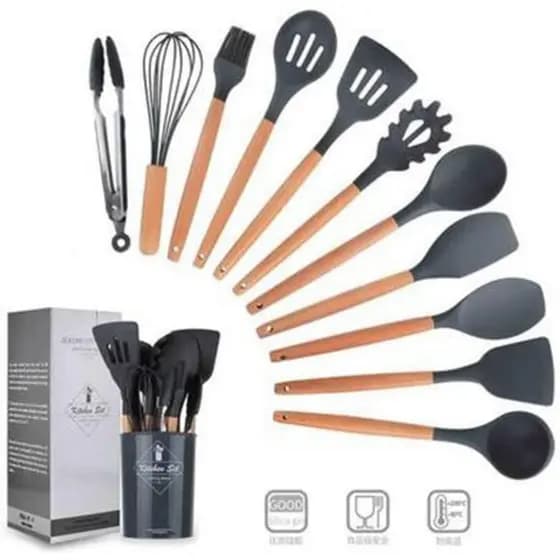 Conjunto de Utensilios de Cozinha em Silicone com Cabo em Madeira 12 Peças Preto
