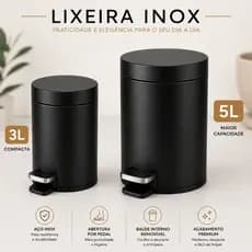 Lixeira Aço Inox 3 ou 5 Litros Preta Com Tampa e Pedal Balde Removivel