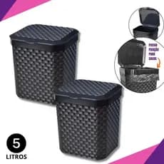 Kit ate 2 Lixeiras Cesto 5 Litros Rattan Preta Com Tampa Cozinha Escritório Bancada