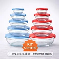 kit 5 Potes de Vidro Hermetico Com Tampa Bowl Marmita Microondas Freezer Pote Grande até 1028ml
