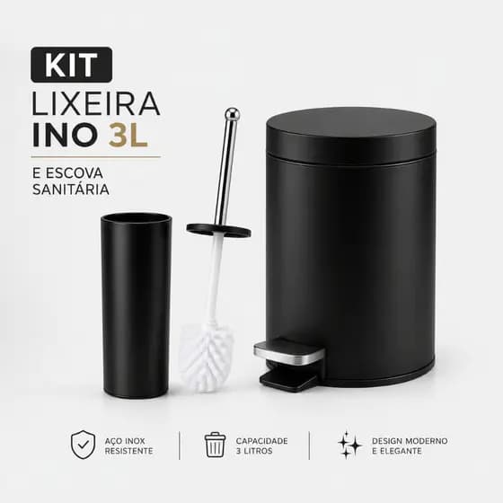 Kit Lixeira Matte 3 L Preto Inox  + Escova Sanitária em Inox Banheiro