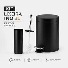 Kit Lixeira Matte 3 L Preto Inox  + Escova Sanitária em Inox Banheiro