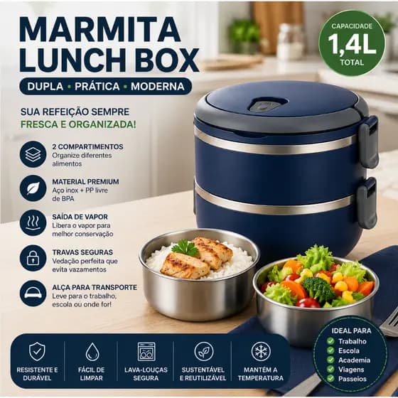 Marmita Térmica Dupla 1,4 Litros Euro Home Azul Inox PP Não Vaza Mantém Quente Almoço Janta Refeição