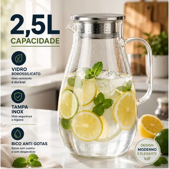 Jarra Borossilicato 2500ml Tampa Inox Para Suco Água Chá Cozinha Gourmet