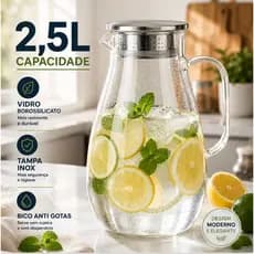 Jarra Borossilicato 2500ml Tampa Inox Para Suco Água Chá Cozinha Gourmet