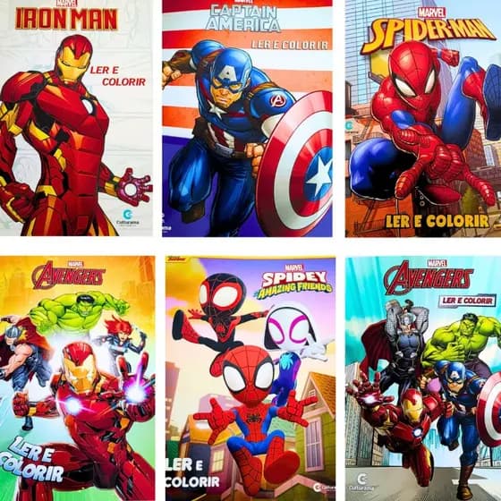 Kit 6 Livros Infantis Marvel - Ler e Colorir- Homem-Aranha - Hulk - Homem de Ferro- Thor - Capitão A