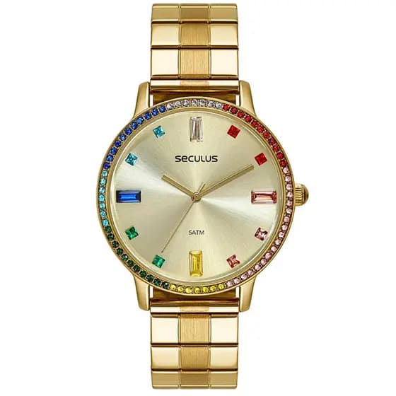 Relógio De Pulso Seculus Feminino Coloridos Dourado Analógico Com Pulseira em Aço Inoxidável