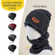 Touca Gorro Cachecol Gola Forrado de Pelinho Inverno Toca de Lã Masculina e Feminina