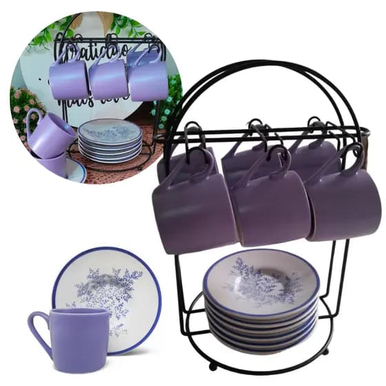 Jogo 6 Xícaras Porcelana Café Chá C/ Pires E Suporte Preto Luxo Empresa 80ml