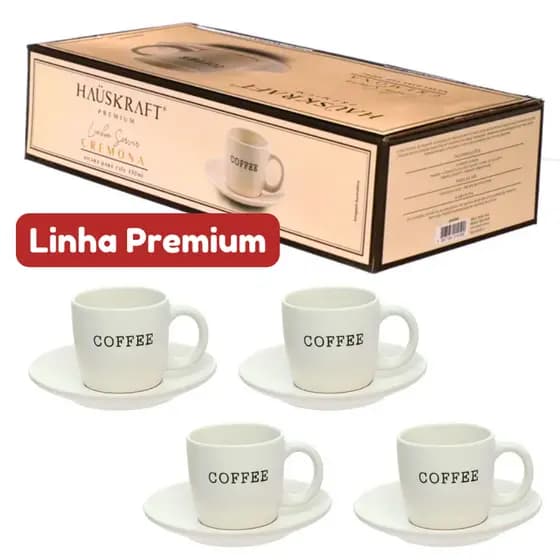 Conj De 4 Xícaras C/ Pires Café Cerâmica Branca 130ml Linha Premium Resistente