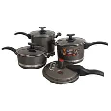 Kit Panela De Pressão com 03 panelas 03 tampas de vidro e uma de Pressão Corbã Qatar Kit 3l, 4,5l E 5l Cor Grafite