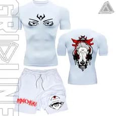 Kit Camiseta Compressão e Short compressão 2 Em 1 Ryomen Sukuna Face Art Anime Manga Geek Full