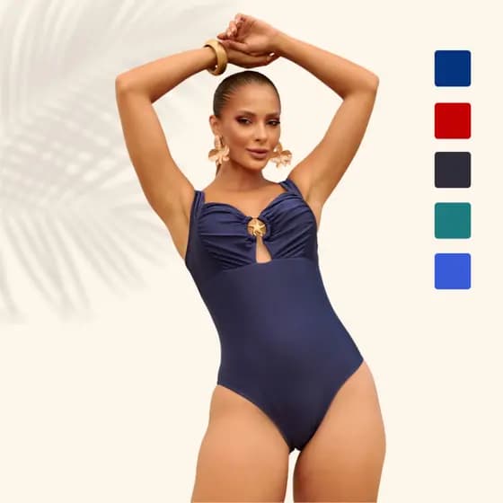 Maiô Feminino Beach Gloss Poliamida Lycra Premium Alça Modelador Proteção Solar UV Drapeado e Bojo Removível Moda Praia