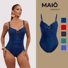 Maiô Feminino Praia Modelador Super Luxo Poliamida Beach Gloss Com Bojo Concha Dourada Proteção UV50 Disfarça Barriga