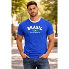 Camisa Brasil Azul Masculina Casual Confortável Algodão South America Slim Fit