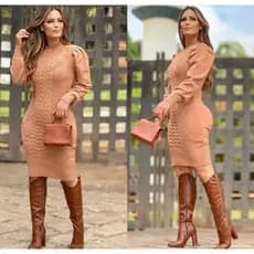 Vestido Manga Longa Curto Feminino Trico Tricot Lançamento Outuno Inverno