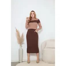 Conjunto Feminino Manga Longa Blusa E Saia Longa Midi Tubinho Trico Modal Croche