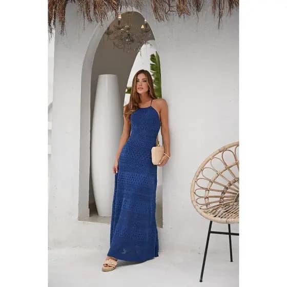 Vestido Longo Feminino Alça Croche Trico Tricot Modal Sereia Lançamento Verão Decote Vestido