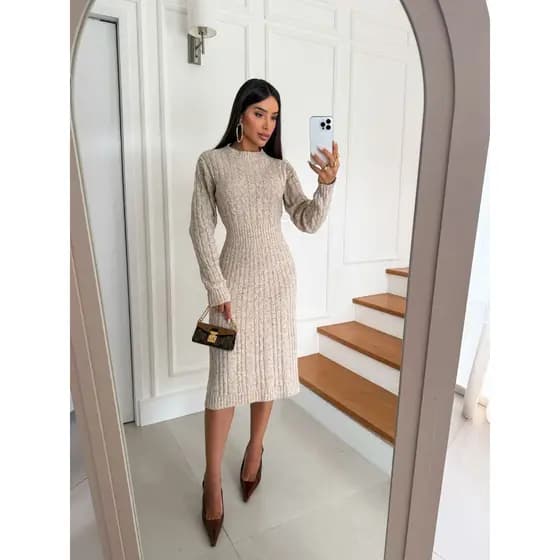 Vestido Trico Manga Longa Feminino Trico Modal Vestido Tubinho Vestido Midi