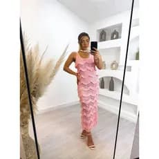 Vestido Longo Feminino Trico Croche Babado Tubinho Alça