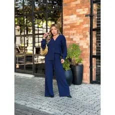 Conjunto Feminino De Frio Blusa Manga Longa E Calça Pantalona Croche Trico Tricot Feminino