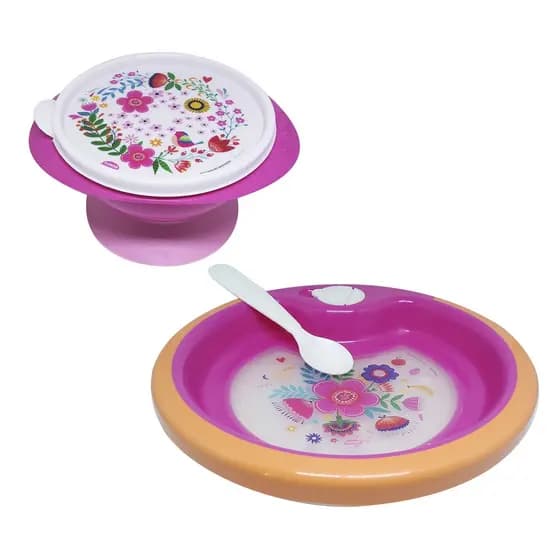 Prato Térmico e Tigela Com Ventosa Infantil Menina Floral