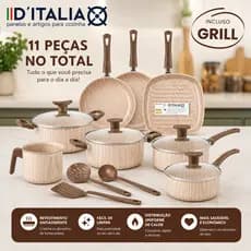 Jogo de Panelas Antiaderente 11 Peças com Chapa Grill - Com Tampas de Vidro e Utensílios, Cabos Térmicos