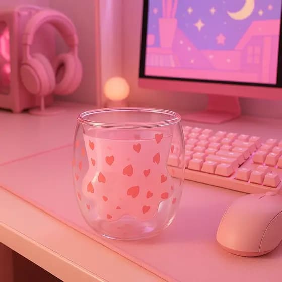Copo Pata de Gato Patinha de Gato 240ml Borossilicato Rosa Vidro Duplo