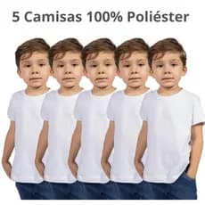 5 Camisas 100% Poliéster Infantil Camiseta com Manga Unissex Branca Do 2 ao 16 Anos