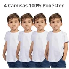 4 Camisas 100% Poliéster Infantil Camiseta com Manga Criança Branca Do 2 ao 16 Anos