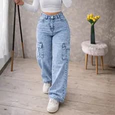 Calça Wide Leg Jeans CARGO Feminina Cintura Alta Sem Lycra