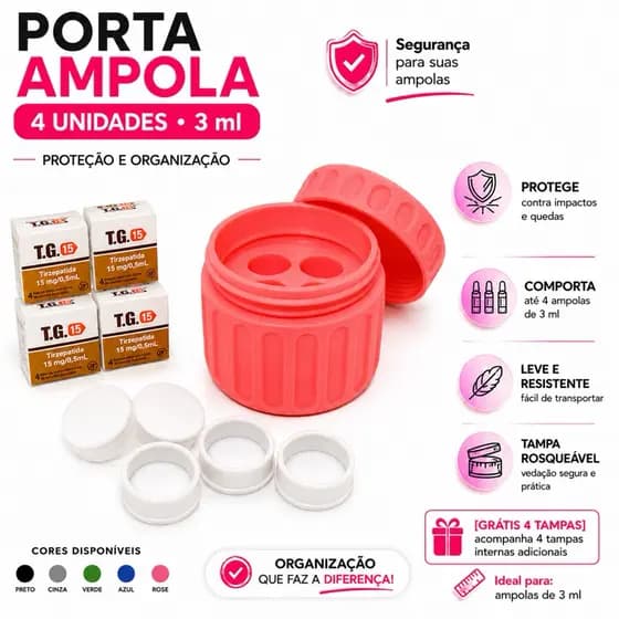 Porta Ampola TG GHK Cu Vial Peptídeo 3 ml 4 Unid Organização, Proteção e Praticidade Grátis 2 Tampinhass