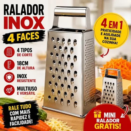 Ralador Inox 4 Faces 18cm Multiuso Cozinha Legumes Queijo + Mini Ralador Brinde