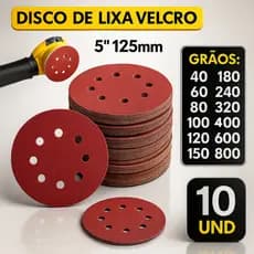 Kit 10 Disco Lixa com Velcro 125mm 8 Furos Rokit Politriz Lixadeira Roto Orbital