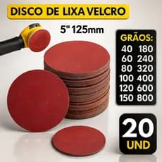 Kit 20 Disco Lixa Velcro Sem Furos Lixadeira Roto Orbital para Ferro, Metal, Madeira e Massa 125mm