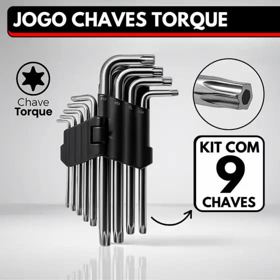 Jogo Chave Torque Kit com 9 Peças Torx Curta T10 até T50