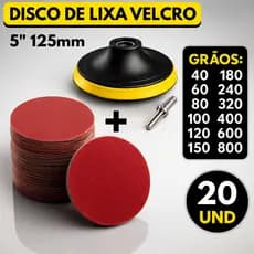 Kit Base Suporte 125mm com Adaptador M14 + 20 Lixas Sem Furos Com Velcro 5" Furadeira Esmerilhadeira