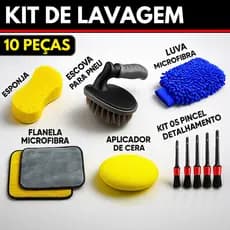 Kit 10 Peças Lavagem Automotiva Esponja + Escova de Pneu + Flanela + Aplicador de Cera + Luva Microfibra + Kit Pincel