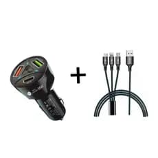 Kit Carregador Veicular Turbo + Cabo 3 em 1 Lightning Tipo-C V8 1M Carregador Veicular e Cabo