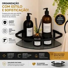 Prateleira de Canto para Banheiro em Alumínio e Vidro Temperado 6mm Preto Fosco
