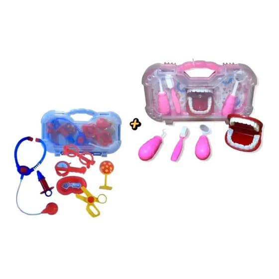 Maleta Kit Dentista Rosa + Kit Médico Azul Odontologia Odonto brinquedo educativo dia das crianças