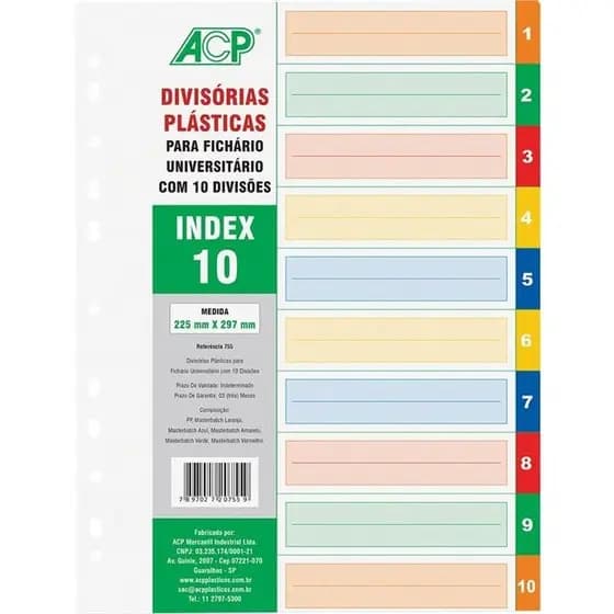 Divisória para Fichário Plástica com 10 projeções Coloridas 22,4 cm x 29,5 cm - Acp