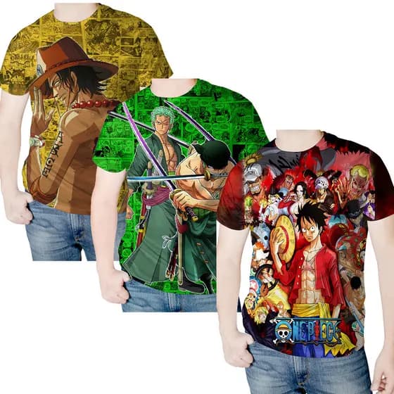 Kit Camisa Camiseta One Piece Luffy Ace Pirata Tripulação Zoro Full