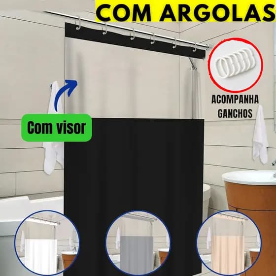 Cortina Box Banheiro Com Visor Transparente Antimofo em PVC c/ Ganchos Várias Cores