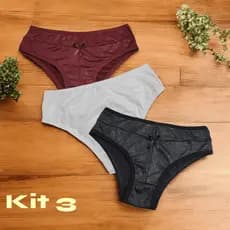 Kit 3 Calcinha Senhora Cintura Alta Tanga Cós Alto Feminina com detalhes em Desenho no Tecido